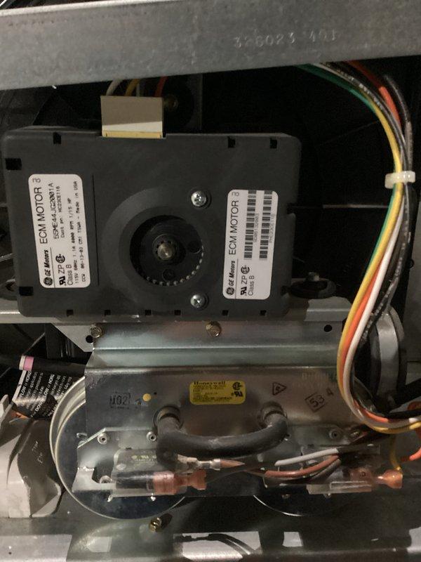 Performed routine tune-up on HVAC system, inspecting control valve assembly and ECM motor. Verified all electrical connections were secure on the control panel where multiple wires (green, blue, red, white) connect to terminals. ECM motor was in good working condition with no signs of wear or damage; all wiring connections to the motor were intact and properly seated.