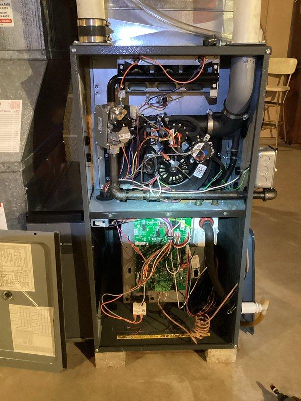 Responded to customer callback regarding HVAC system issues. Upon inspection, accessed interior furnace components by removing access panel to examine blower assembly, circuit board, and gas valve connections. Performed diagnostic checks on electrical components, inspecting wiring connections and gasket integrity to resolve operational concerns.