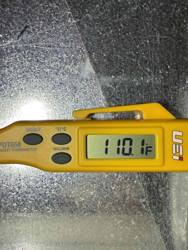 Performed routine tune-up on Carrier HVAC system. Checked supply air temperature (110.1°F) using digital thermometer, confirming proper heating operation. Inspected and verified correct installation of 3M Filtrete 20x25 air filter, ensuring optimal airflow and system efficiency.