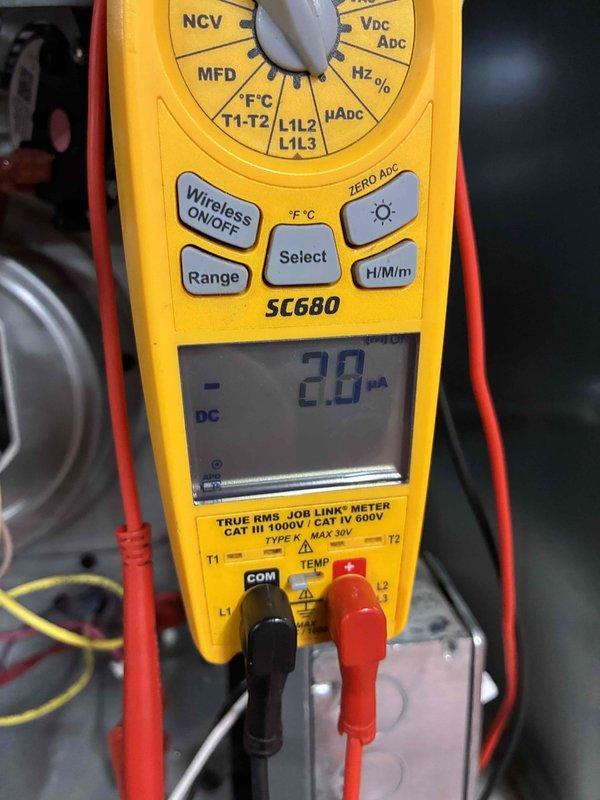 Performed routine diagnostic testing on HVAC system using Fieldpiece SC680 multimeter. Conducted DC electrical measurement (reading 2.0) and verified system capacitance (509.7 MFD). All electrical components functioning within acceptable parameters.