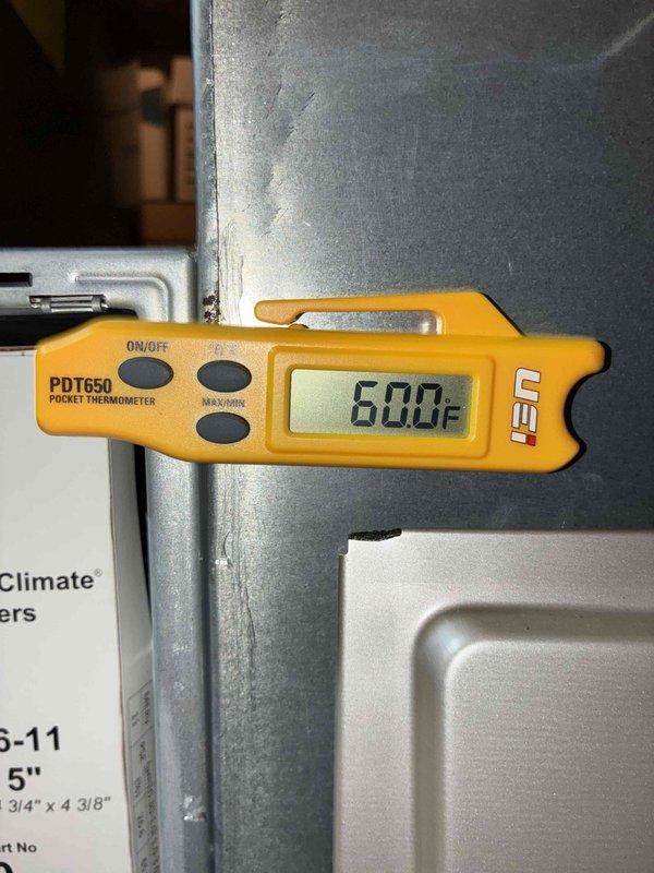 Performed standard HVAC tune-up service with comprehensive electrical diagnostics. Verified system voltage at 60.49V using SC680 True RMS Job Link meter, and confirmed supply air temperature at 60.0°F with PDT650 pocket thermometer. All readings within normal operating parameters.