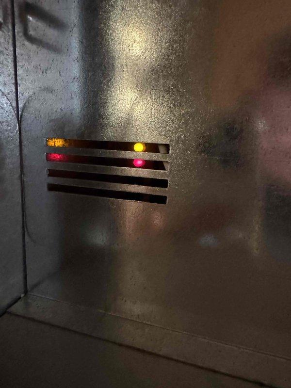 Responded to no heat call for Goodman MG1E-077F1ABM1 furnace (S/N: M0G201200684). Diagnosed fault code indicated by amber and red status lights on control panel. Reset system, verified proper operation with 77,000 BTU input/62,000 BTU output functioning correctly. Unit now heating normally.