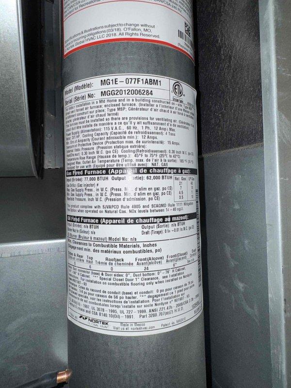 Responded to no heat call for Goodman MG1E-077F1ABM1 furnace (S/N: M0G201200684). Diagnosed fault code indicated by amber and red status lights on control panel. Reset system, verified proper operation with 77,000 BTU input/62,000 BTU output functioning correctly. Unit now heating normally.