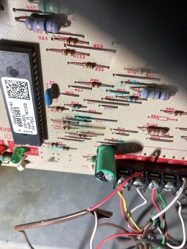 Responded to no-heat call for system less than 10 years old. Upon inspection, discovered fault with control board as evidenced by abnormal LED indicator patterns. Removed access panel, disconnected wiring, replaced defective circuit board with new OEM component, reconnected all terminals according to manufacturer specifications, and verified proper operation. System now heating correctly with normal startup sequence.