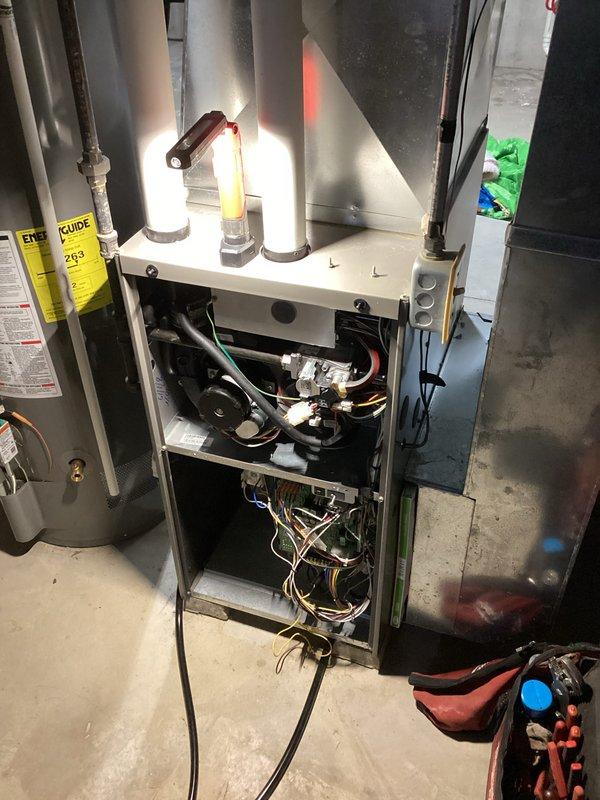 Conducted diagnostic assessment on newer model furnace with no heat condition. Upon inspection of the ECM drive board, identified faulty control board as the primary issue. Replaced control board, reconnected all wiring harnesses according to manufacturer specifications, and verified system operation. Unit now functioning properly with normal heating cycle restored.
