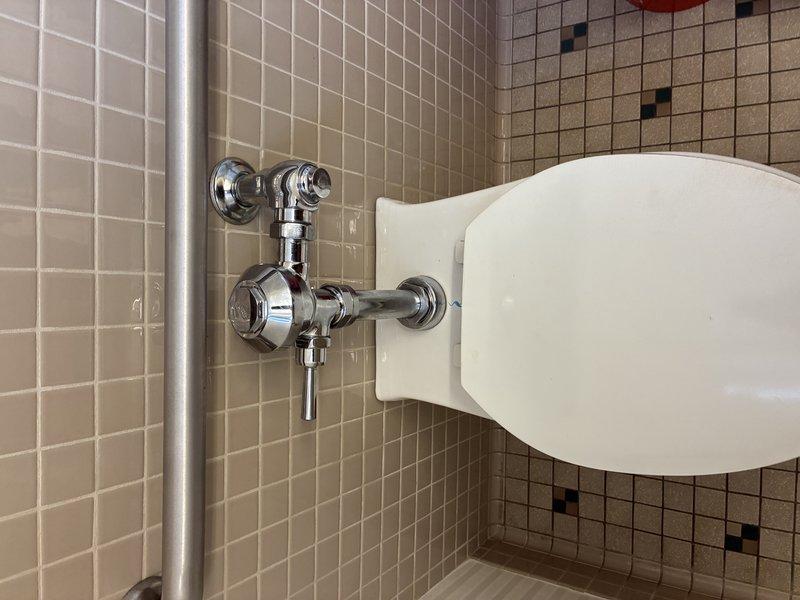 Completed installation of commercial toilet unit with chrome flush valve mechanism in institutional bathroom setting. Verified proper mounting to tiled wall and confirmed functionality of all plumbing connections. Inspected accessibility features including side-mounted grab bar to ensure compliance with safety standards.