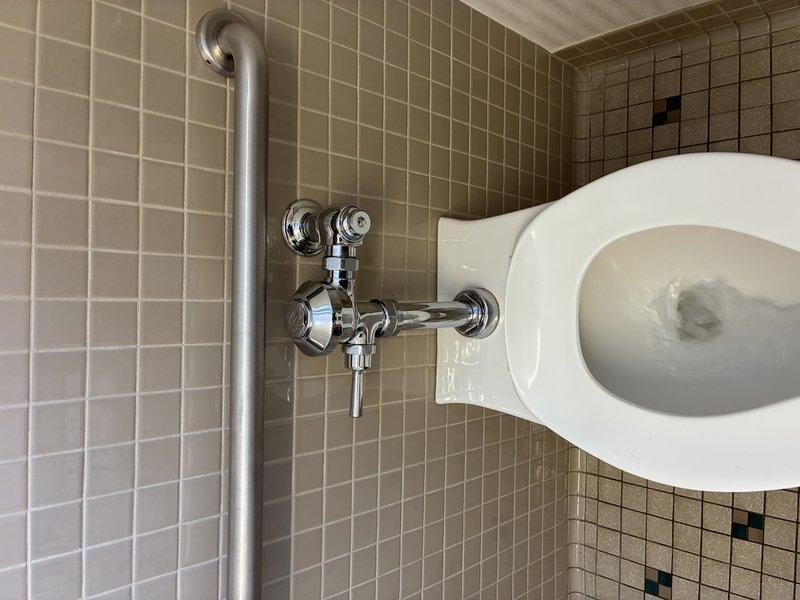 Completed installation of commercial toilet unit with chrome flush valve mechanism in institutional bathroom setting. Verified proper mounting to tiled wall and confirmed functionality of all plumbing connections. Inspected accessibility features including side-mounted grab bar to ensure compliance with safety standards.