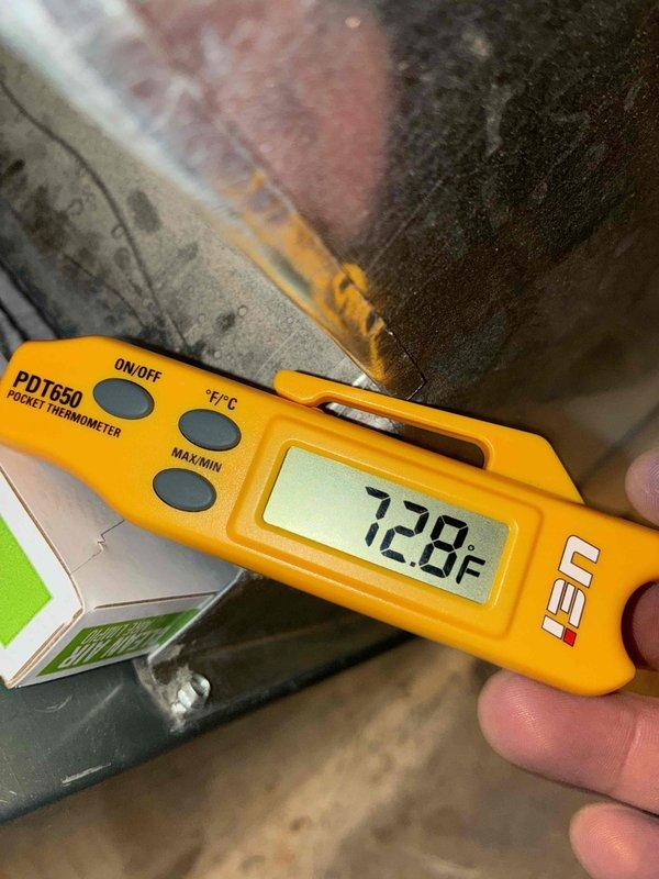 Performed comprehensive HVAC system tune-up including temperature differential testing between supply and return air. Measurements indicated proper system operation with a 53.2°F temperature split (126.0°F at supply side, 72.8°F at return), confirming efficient heat transfer and acceptable refrigerant charge levels.
