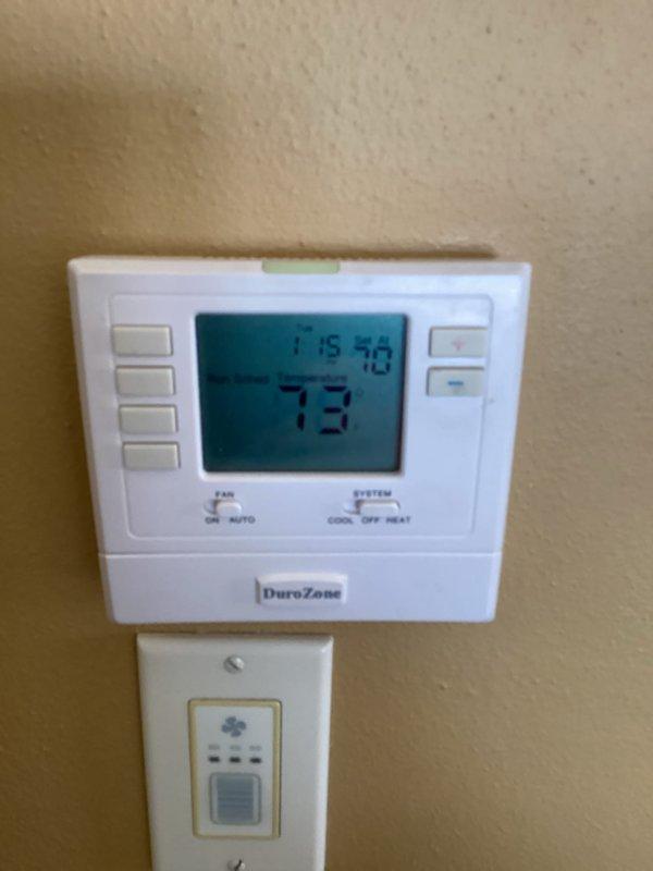 Responded to a no heat call for 10+ year old system. Inspected and repaired the DuroZone digital thermostat which was improperly displaying 73°F despite customer complaint of no heat. Removed, cleaned and reinstalled air vent filter to improve airflow efficiency. Tested system operation after repairs and confirmed proper heating function.