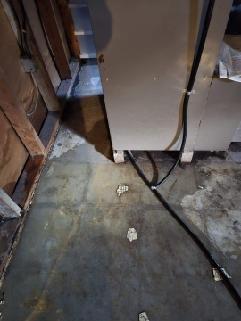 Conducted inspection of furnace unit located in basement utility area. Observed unit placement against unfinished wall with exposed wooden studs. Noted visible moisture staining on concrete floor surrounding equipment that requires monitoring. All connections and tubing appear intact with no immediate service requirements identified.
