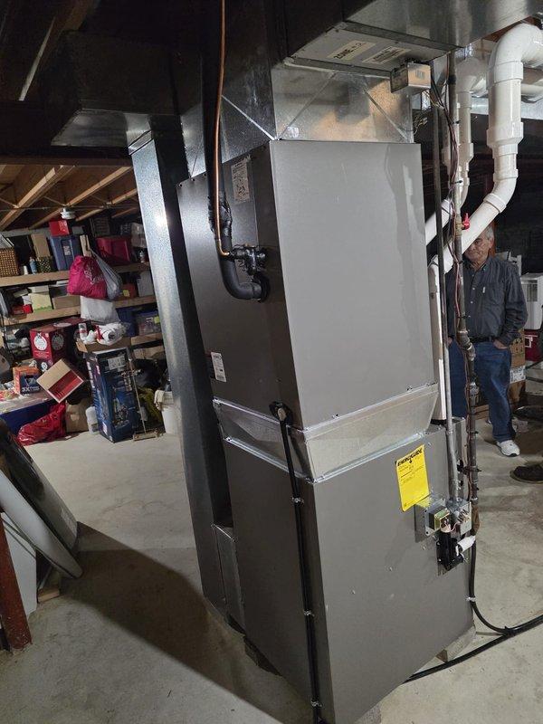 Successfully installed new high-efficiency furnace in customer's unfinished basement. Installed proper PVC venting system and verified all connections were secure. Tested unit for proper operation after installation and confirmed system functionality.