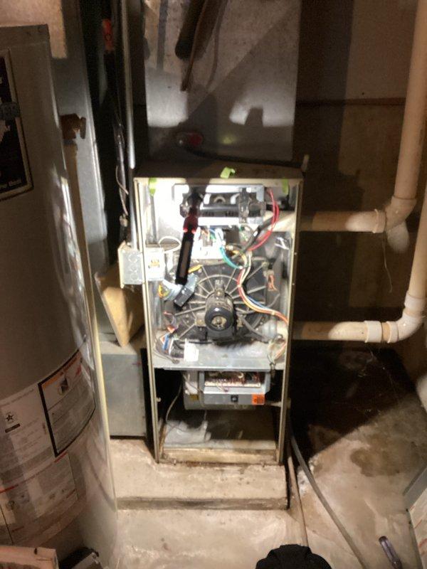 Completed comprehensive annual tune-up on customer's furnace. Removed front panels to access and inspect internal components, including blower motor, control board, and electrical connections. Cleaned dust accumulation from key components and verified proper operation of the system. All connections are secure and system is functioning within normal parameters.