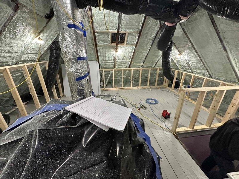 Completed attic ductwork renovation, including installation of new flexible ducts, insulation of ductwork and ceiling space with reflective foil-faced material, and structural framing adjustments to improve system efficiency. Work involved accessing confined attic space, routing ducts through existing frame structure, and ensuring proper airflow configuration.