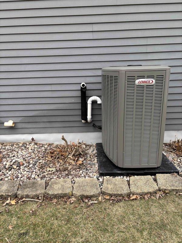 Completed installation of a complete Lennox HVAC system at the residence. Set up and calibrated digital MA-1283A manometer to verify proper system pressures. Installed outdoor condensing unit on a stable pad with appropriate clearance, ensuring proper refrigerant line connections and drainage. System was tested and is functioning according to manufacturer specifications.