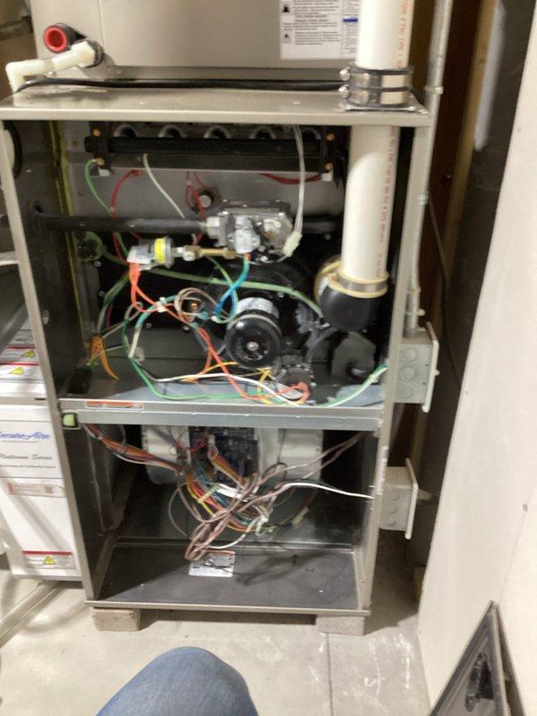 Conducted comprehensive tune-up of the furnace system, including internal inspection of blower motor assembly and wiring connections. Performed combustion analysis using Testo 310 II analyzer, confirming optimal operation with excellent efficiency readings (97.0% EFF) and minimal carbon monoxide production (3 ppm CO). System is operating within manufacturer specifications with proper air/fuel mixture (91.6% excess air).