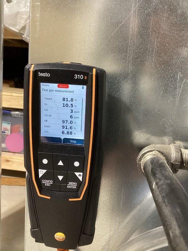 Conducted comprehensive tune-up of the furnace system, including internal inspection of blower motor assembly and wiring connections. Performed combustion analysis using Testo 310 II analyzer, confirming optimal operation with excellent efficiency readings (97.0% EFF) and minimal carbon monoxide production (3 ppm CO). System is operating within manufacturer specifications with proper air/fuel mixture (91.6% excess air).