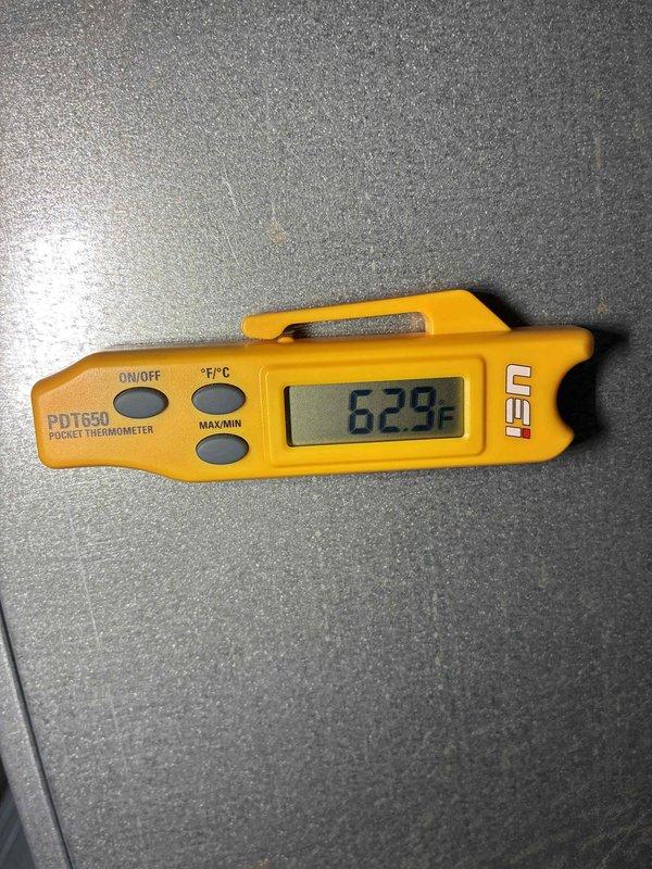 Performed regular preventative maintenance agreement service. Conducted temperature diagnostics with digital thermometer showing 62.9°F readout and electrical system evaluation using Fieldpiece SC680 multimeter which indicated proper microamp readings of 4.0 μA. All systems operating within manufacturer specifications.