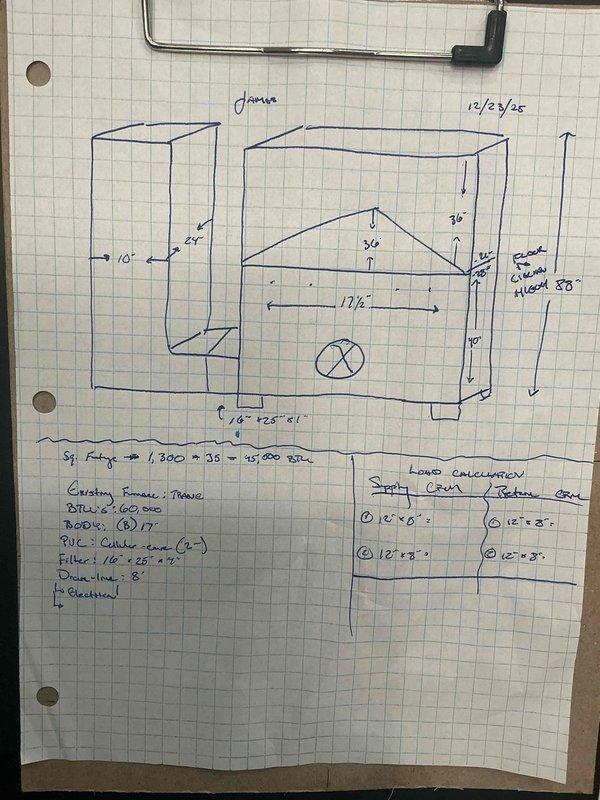 Completed site assessment and measurements for HVAC system replacement. Documentation includes detailed floor plan with dimensions (10'x25'x36'x24'x17'6" with 53" height clearance) calculating approximately 1,300 square feet total area. Existing furnace system was inspected, noting connections to ductwork and insulation condition for proper specification of replacement unit.