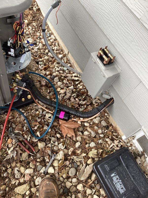 Completed installation of a new Goodman complete HVAC system for the customer. Installed outdoor condenser unit on concrete pad with proper electrical connections and refrigerant lines. System was pressure tested, evacuated, and charged according to manufacturer specifications, with all operations verified during final testing and commissioning.