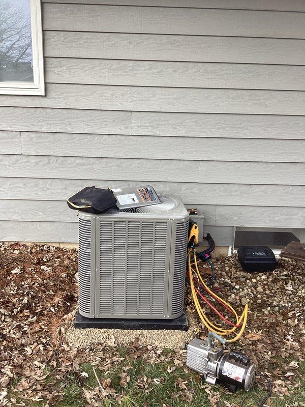 Completed installation of a new Goodman complete HVAC system for the customer. Installed outdoor condenser unit on concrete pad with proper electrical connections and refrigerant lines. System was pressure tested, evacuated, and charged according to manufacturer specifications, with all operations verified during final testing and commissioning.