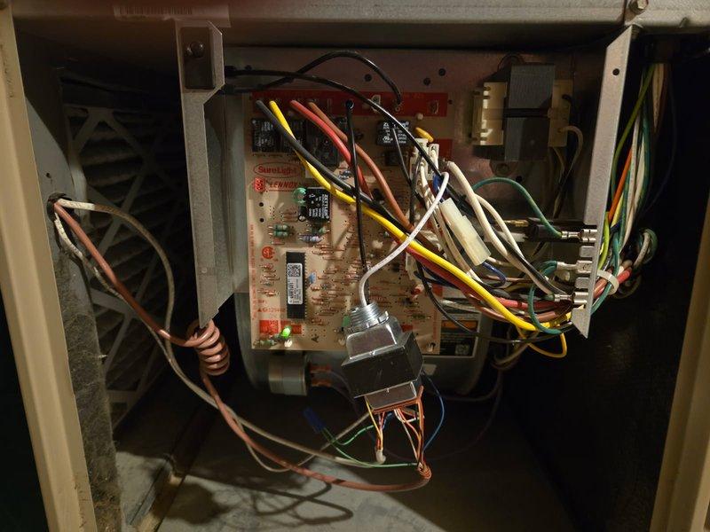 Responded to no-heat complaint on aging Lennox furnace system in basement mechanical room. Diagnostic inspection revealed failed control board with visible heat damage and deteriorating wire connections. Installed new OEM replacement board, secured proper wire connections, and verified operation through complete heating cycle testing. System restored to full functionality with heat output at manufacturer specifications.