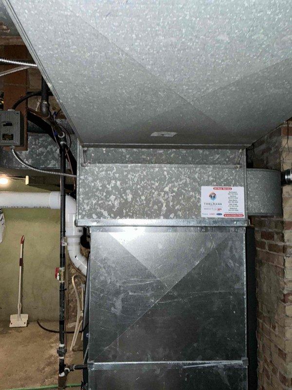 Conducted comprehensive HVAC system replacement in utility room, installing new air handler unit with proper sheet metal ductwork connections. Completed installation of condensate drain system using PVC piping with appropriate connections and verified proper functioning of all electrical components including control board and wiring harnesses.