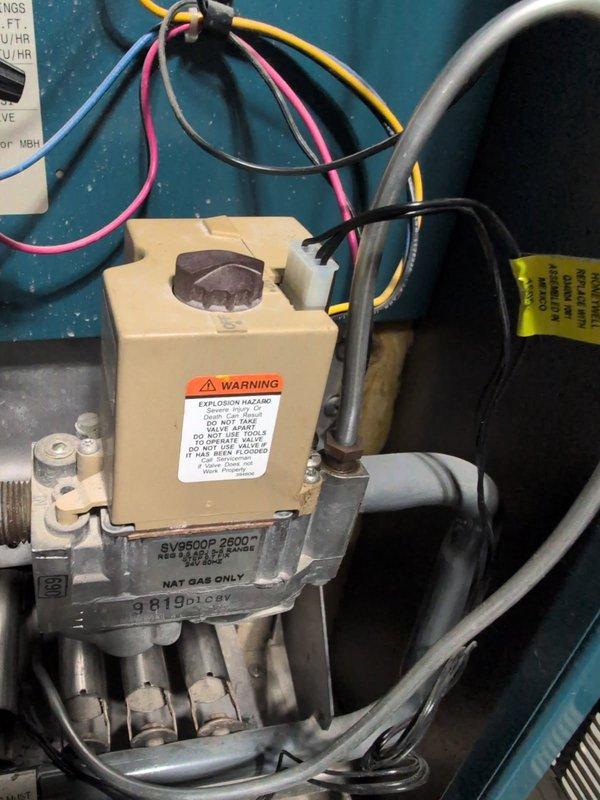 Replaced faulty gas valve on aging furnace to restore heat function. Properly reconnected all wiring to new valve assembly and verified proper ignition sequence. System now operating within normal parameters.