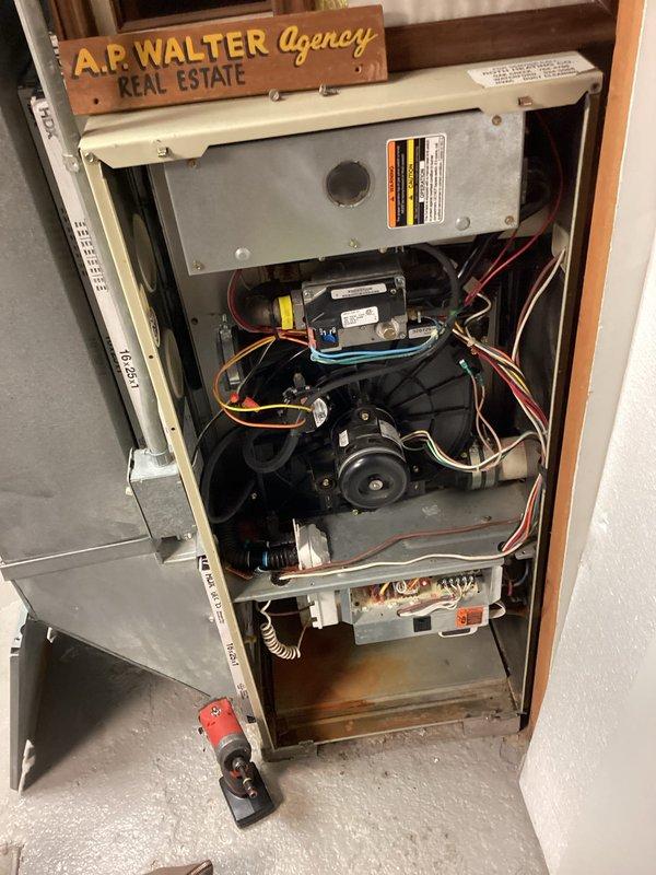 Completed seasonal tune-up on furnace at A.P. Walter Agency Real Estate property. Removed panels to conduct thorough inspection of internal components including motor, blower wheel, and circuit board. All electrical connections were checked and tightened, with system operation confirmed to be within normal parameters despite minor rust on lower metal surfaces.