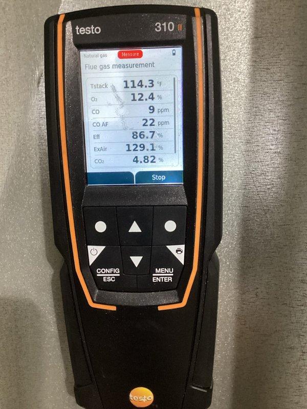 Completed routine tune-up on residential gas furnace system. Conducted comprehensive combustion analysis using Testo 310 analyzer, verifying proper operation with readings showing 86.7% efficiency, 12.4% O₂, and 9 ppm CO levels within acceptable parameters. Inspected internal components including blower assembly, control boards, and venting system; replaced air filter to maintain optimal system performance.