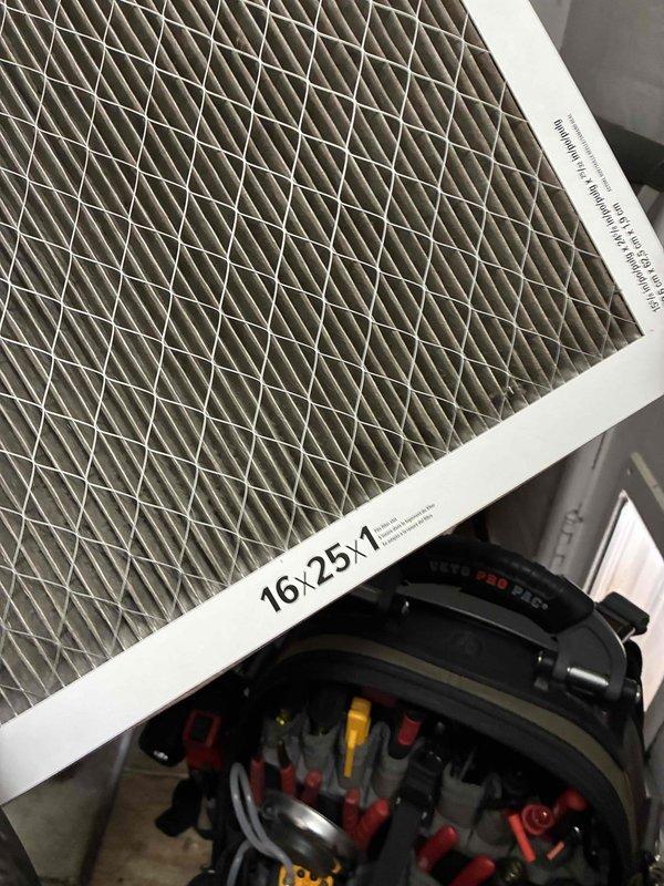 Performed comprehensive HVAC system tune-up including inspection and replacement of 16x25x1 air filter. Conducted electrical diagnostic testing with SC680 multimeter, measuring voltage readings of 5700 across system components and verifying proper electrical connections to ensure optimal equipment operation and efficiency.