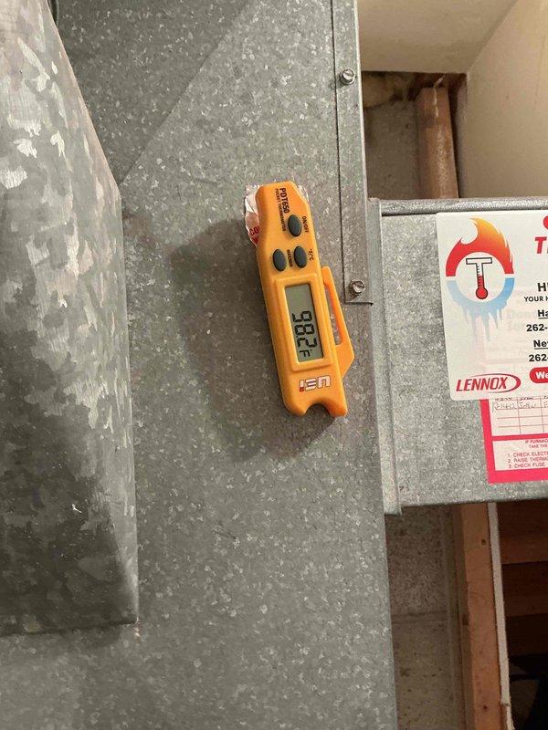 Performed comprehensive tune-up on Lennox HVAC system. Conducted temperature differential testing using UEi digital probe (reading 22.6°), verified proper venting through PVC exhaust connections, and inspected all system components. System is functioning within normal parameters with no operational issues detected.