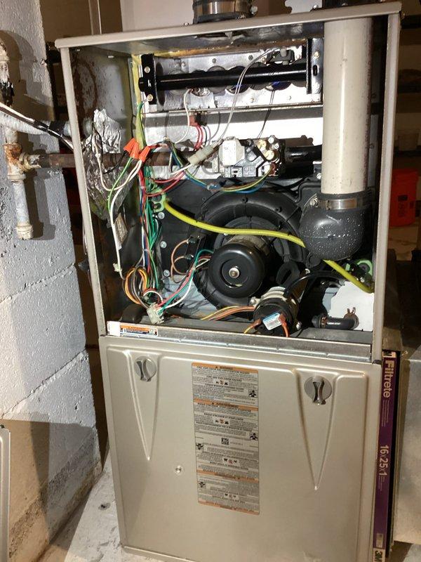 Completed comprehensive annual tune-up on customer's furnace system, inspecting all internal components. Removed front panel to access and clean blower assembly, check electrical connections, and verify proper operation of motor. Examined circuit boards and control wiring for any signs of wear or damage - all components functioning normally. System returned to service in good operating condition.