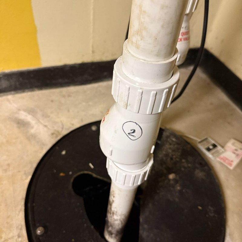 Inspected existing PVC plumbing system with check valve components. Observed previous installation work including "The Quiet Check Valve" and earlier pump replacement (noted as "NEW Pump 1-8-12"). Documented current condition of pipe connections, valve integrity, and minor mineral deposits on lower pipe sections. Photos taken of the installation for reference documentation.