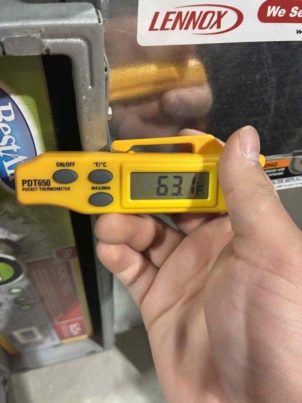 Performed seasonal HVAC tune-up on Lennox system, including inspection of operating temperatures (recorded at 67.8°F) and replacement of dirty 16X25X4 air filter. System is now operating within normal parameters with improved airflow.