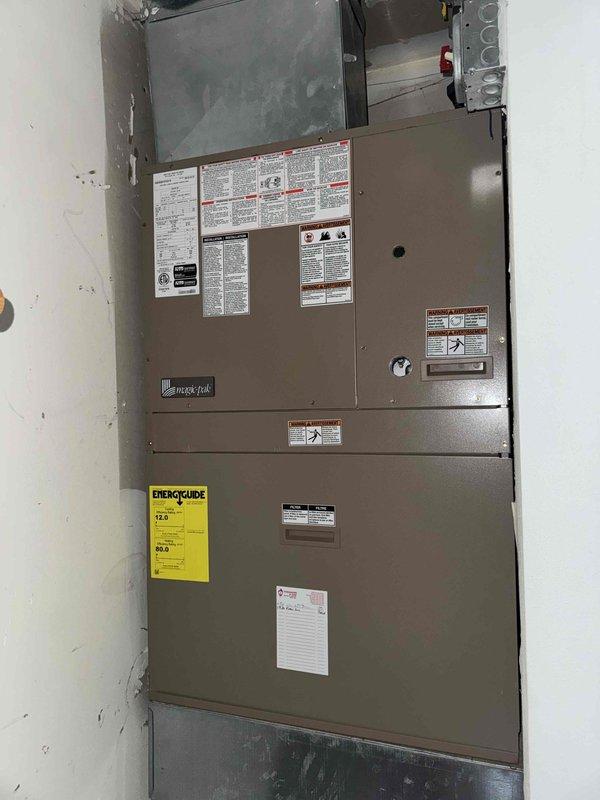 Completed tune-up service on Goodman HVAC system. Inspected heat exchanger and found it in good condition with no cracks or corrosion. Checked system efficiency against EnergyGuide specifications and confirmed proper operation. All components functioning normally with no issues requiring repair.