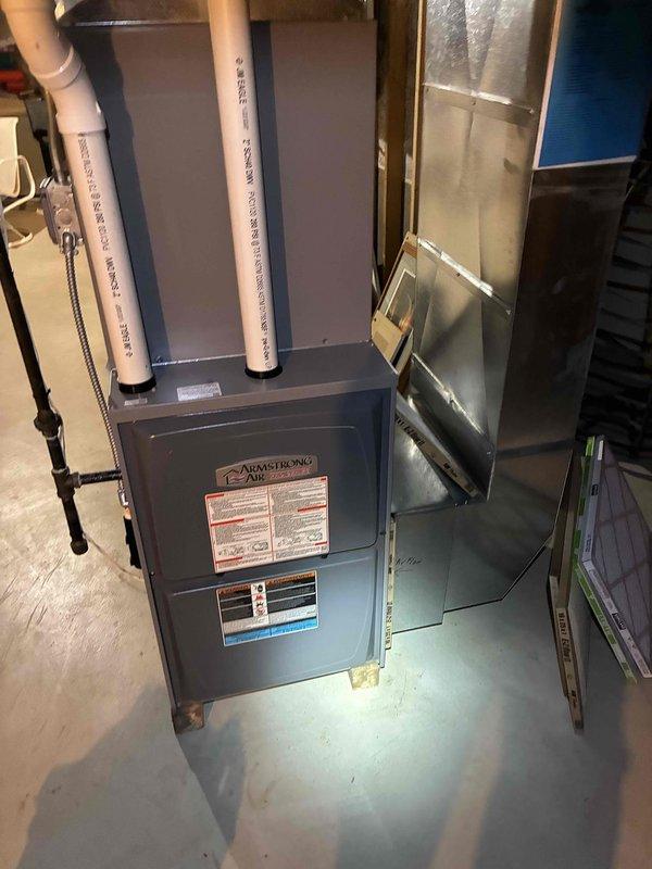 Performed routine maintenance service on Armstrong Air furnace unit. Conducted thorough inspection of system components and ductwork connections. Replaced existing air filters with new pleated filters to improve system efficiency and indoor air quality.
