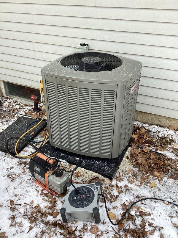 Completed installation of a new Goodman HVAC complete system at customer's residence. Successfully mounted outdoor condensing unit on concrete pad, connected refrigerant lines, and installed all necessary electrical components. System was properly evacuated, charged, and verified to be operating within manufacturer specifications. All connections were leak-tested and the condensate drain line was properly installed and tested.