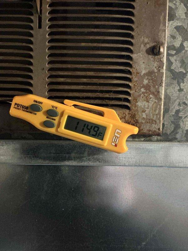 Performed seasonal tune-up on HVAC system, finding operating temperature at 114.9°F, which is within normal range. Inspected vent system and identified minor corrosion on fins; cleaned accessible components and confirmed proper airflow through the system.