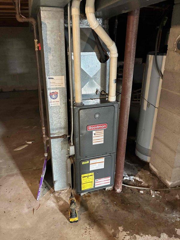 Performed routine tune-up on Goodman furnace system. Inspected and cleaned components, checked electrical connections, and verified proper operation of the Honeywell thermostat (currently set to 65°F with system functioning normally). Examined PVC ventilation pipes and ductwork connections for integrity. System is operating within normal parameters with no immediate concerns identified.