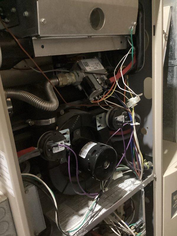 Performed comprehensive tune-up on HVAC system including inspection of blower motor assembly and electrical connections. Verified proper operation of gas valve and control unit with attached flexible gas lines. Examined PVC ventilation piping system in utility area, confirming proper installation and structural integrity of all joints and connections adjacent to ductwork. All components functioning within normal parameters after service.