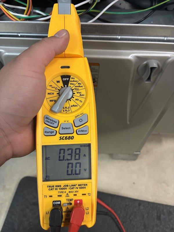Performed routine prepaid maintenance visit on HVAC system. Conducted electrical testing using SC680 clamp meter, measuring 0.38 A current draw. Verified supply air temperature at 75.2°F using digital thermometer, confirming system is operating within normal parameters.