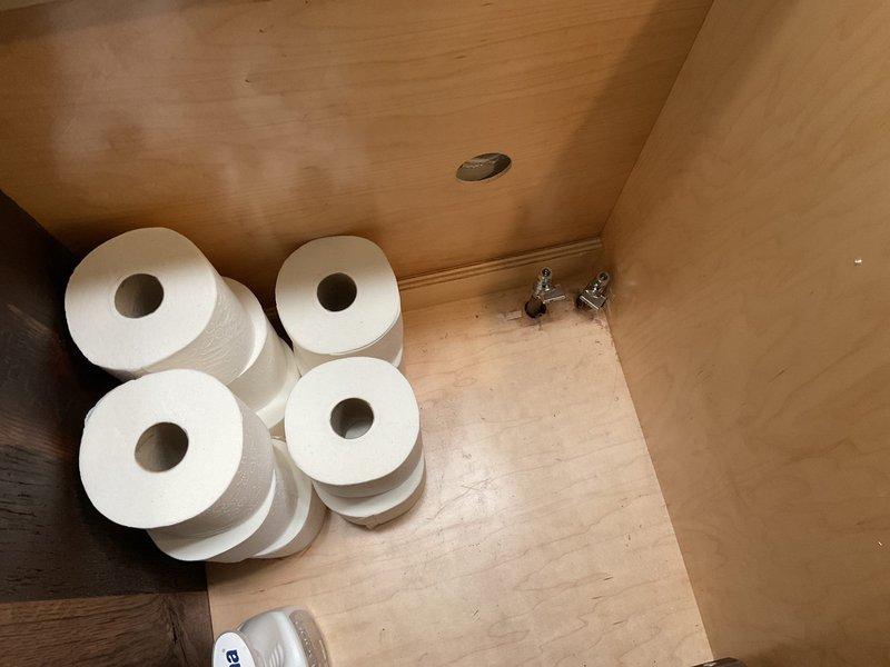 Conducted inspection of under-sink cabinet plumbing infrastructure, examining shut-off valves and supply lines. Identified potential installation points for new fixture. Documentation captured existing toilet paper storage configuration and current valve placement to ensure proper planning for upcoming fixture installation.