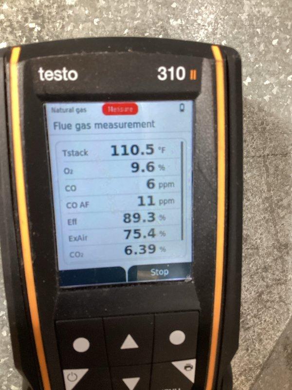 Conducted combustion analysis on natural gas furnace using Testo 310 II analyzer, confirming proper operation with 89.3% efficiency, acceptable CO levels (6 ppm), and normal O₂ readings (9.6%). Performed visual inspection of internal components including blower assembly, control board, and condensate system; all wiring connections and components appear in normal working condition.