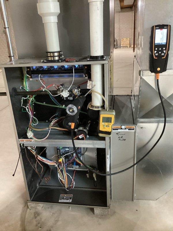 Performed comprehensive tune-up on residential furnace system. Conducted diagnostic testing using Testo analyzer to verify proper operation parameters and inspected all electrical connections and wiring. Checked blower motor functionality and heat exchanger integrity, ensuring all components are operating within manufacturer specifications.