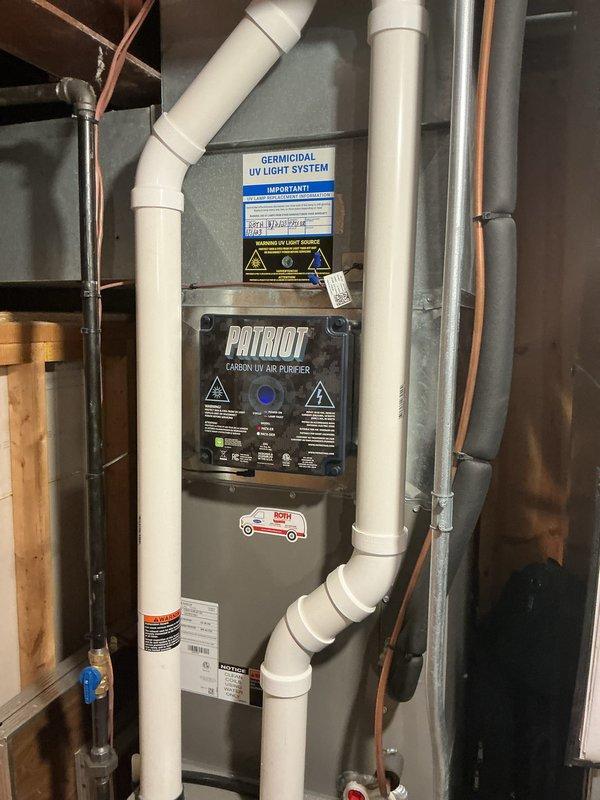 Performed scheduled maintenance on HVAC system with Patriot Carbon UV Air Purifier. Replaced severely clogged air filter which showed significant dust and debris accumulation. Inspected germicidal UV light system and verified proper operation of all connected ductwork and components.