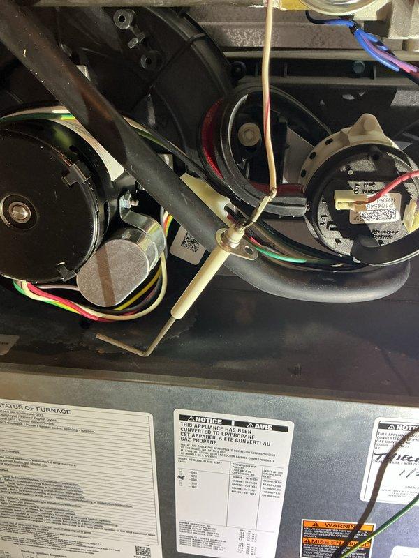 Performed comprehensive HVAC tune-up service including inspection of furnace blower assembly and motor components. Checked electrical connections and verified proper routing of condensate drainage system with PVC piping. System is functioning within manufacturer specifications with no immediate issues detected.