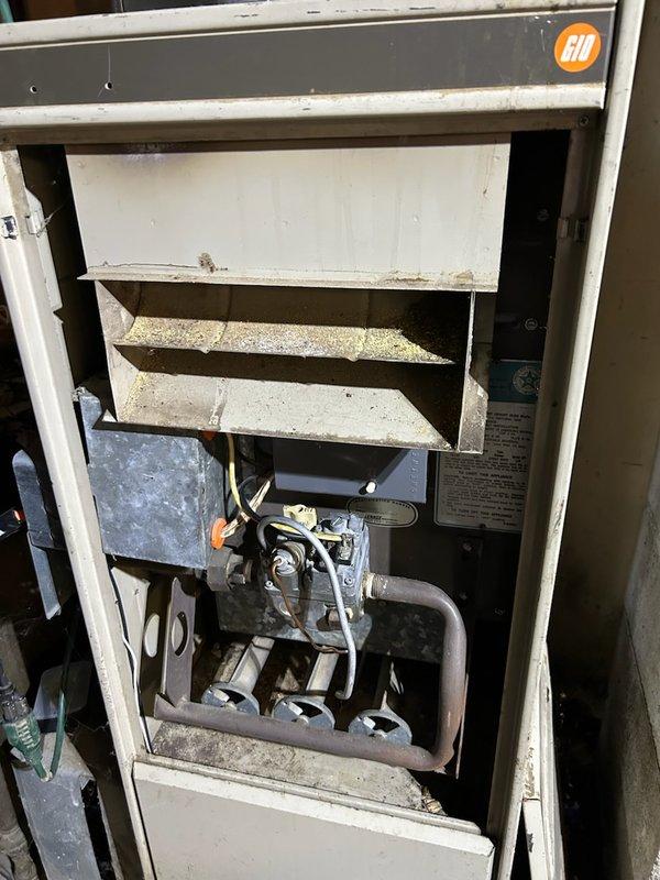 Responded to no heat call for a Goodman furnace less than 10 years old. Upon inspection, discovered significant dust accumulation on internal components and heat exchanger. Removed front panel, thoroughly cleaned dust buildup from critical components, and restored proper operation. Unit now functioning correctly with normal heat output.