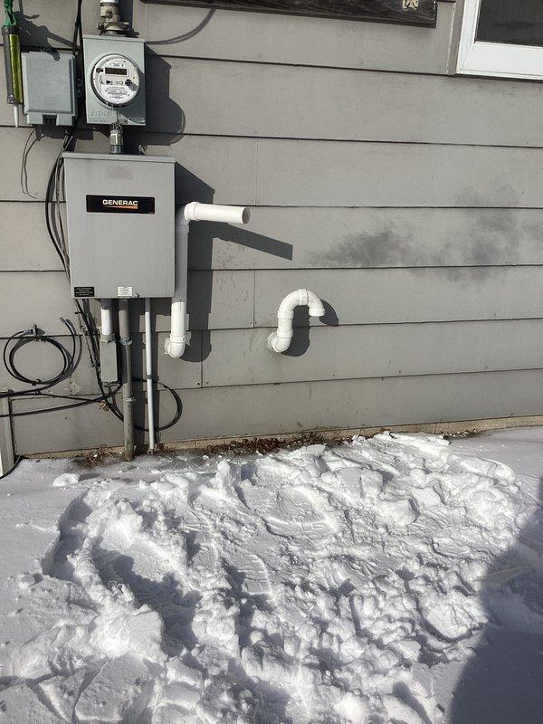 Successfully installed a complete Lennox HVAC system in the customer's residence, including proper connection to the existing Generac transfer switch. System installation included furnace unit with PVC venting and all necessary electrical and plumbing connections. Final inspection confirmed proper operation of all components in winter conditions.