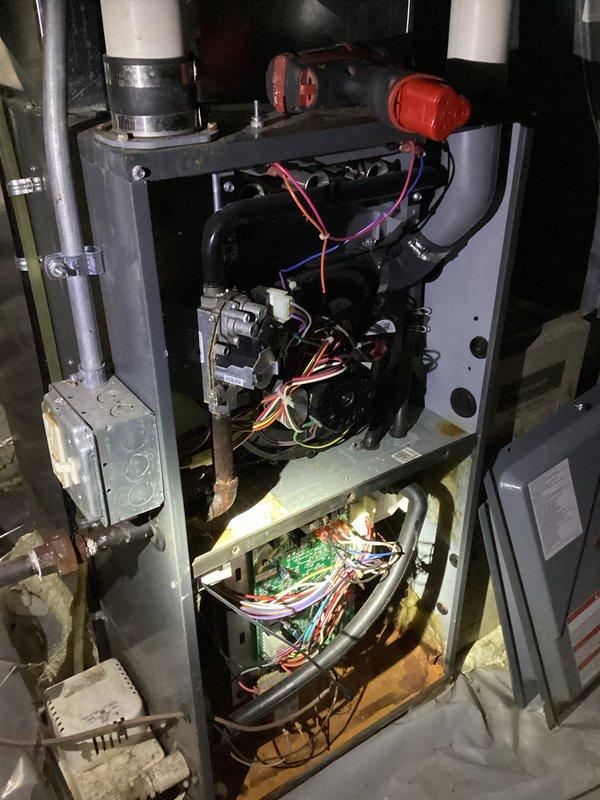 Performed diagnostic inspection on gas furnace, observing proper flame pattern at burner assembly and verifying primary control functionality. Inspected internal components including blower motor, circuit board connections, and PVC venting system. All systems functioning as designed with no issues detected.