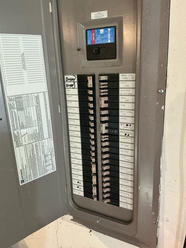 Performed inspection of electrical system in preparation for HVAC replacement. Examined main circuit breaker panel, noting proper labeling and organization of circuits. Identified water damage near electrical cabling that requires remediation before installation of new system to ensure safety and code compliance.